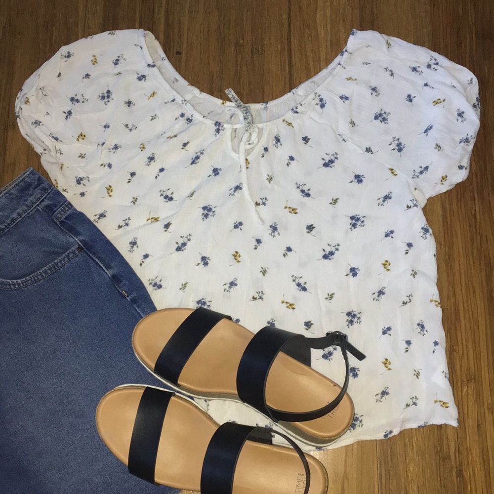 white with yellow and blue flower blouse